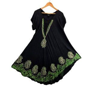 Bohemian Indie Dress Black Green Asymmetrical Midi Front Tie Full OS SR Fashion